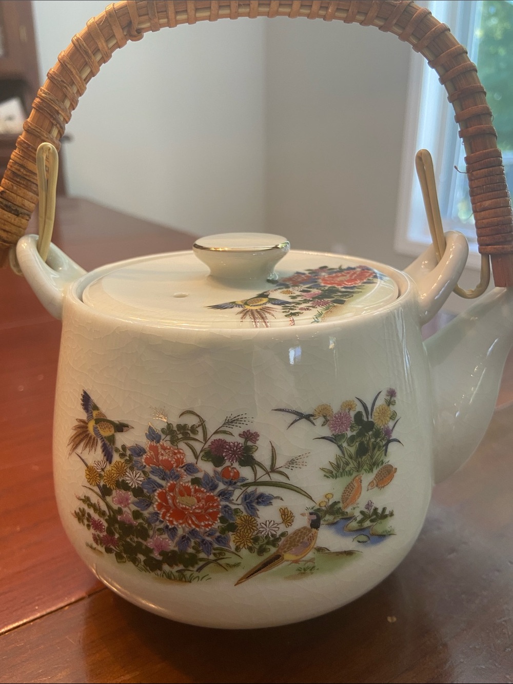 Floral Teapot & Four Cups White & Brown